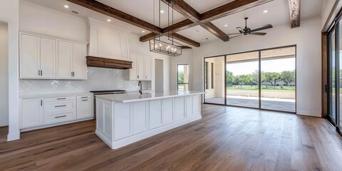 Modern kitchen and living space residential home interior design bright and airy environment wide angle view contemporary living concept