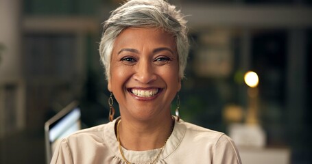 Happy, pride and portrait of mature businesswoman in office with confidence for corporate career....