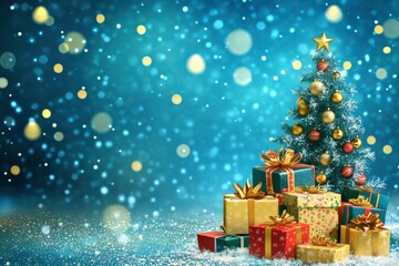 Christmas background with gifts and Christmas tree on blue-gold fuzzy background