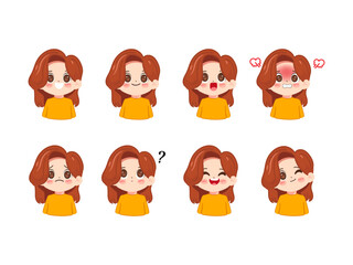 Cute cartoon woman in different facial expressions set isolated vector illustration.