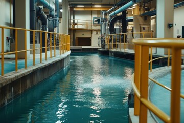 Naklejka premium Modern Water Treatment Facility with Flowing Water and Industrial Architecture Showcasing Infrastructure and Process Efficiency in Urban Environment