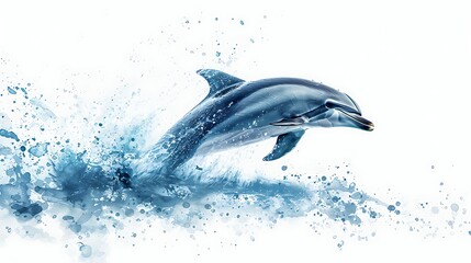 Fototapeta premium A delightful dolphin jumping out of the water, splashing on a white background