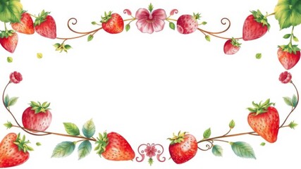 A watercolor illustration of a decorative strawberry frame with a blank center for text, botanical, colorful