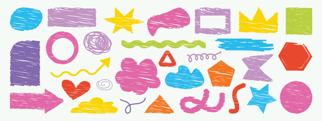 Scribble color brush hand drawn chalk vector element set. Scribble pastel texture brush stroke kid rectangle, circle, arrow element hand drawn sketch design. Crayon pencil style _ Vector illustration