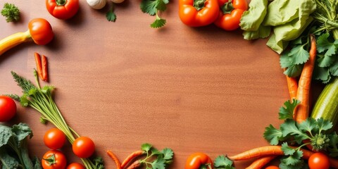 A white plate surrounded by a colorful array of fresh vegetables, creating a frame with an empty space in the center for text or graphics, healthy, stock photo