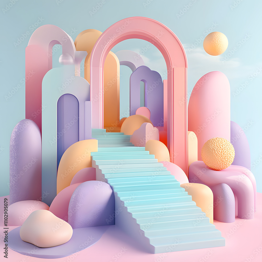 Poster creative colorful architectural structures playful environment 3d render digital art abstract perspe