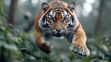 Majestic Tiger Leaping Through Lush Jungle  Wildlife Photography