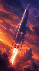 Obraz premium Spaceship Ascending Through Fiery Cosmic Cloudscape