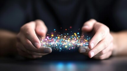 Hands Holding Bright Colorful Lights and Sparkles Representing Innovation, Technology, and Creativity in a Modern Digital World