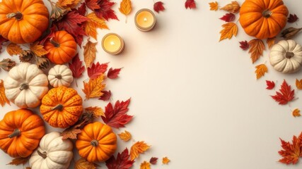An elegant autumn-themed flat lay mockup featuring an empty sheet in the middle surrounded by seasonal decorations such as pumpkins, leaves, and candles, autumn, seasonal