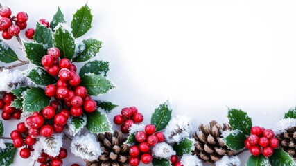 An icy Christmas frame featuring pinecones and frosted holly berries, symbolizing the cold winter and a fresh joyful new year with copy space, new year, holly berries
