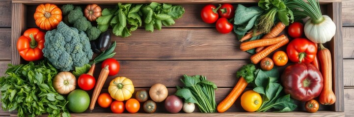 An empty wooden frame sitting amidst a colorful array of assorted fresh vegetables on a rustic wooden table, rustic, plant-based