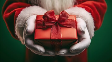 Santa Claus hands holding a red gift box with a red ribbon on a vibrant green background