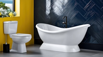 Modern Bathroom Design  White Freestanding Tub  Toilet  Yellow Wall  Dark Tiles