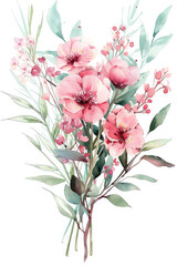 Pink flower bouquet with beautiful branches and leaves. Wedding concept. Watercolor