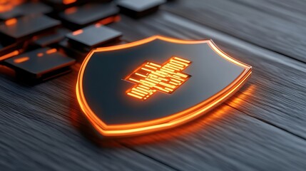Shield with glowing elements on a dark wooden surface, symbolizing security, protection, and technology in a digital world, ideal for cybersecurity and safety themes