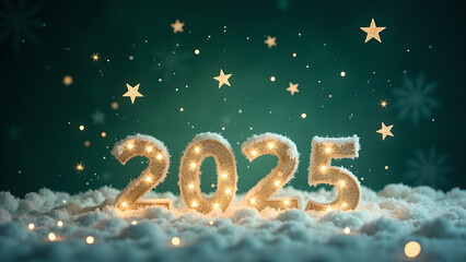 2025 New Year celebration with snow and lights. Concept of winter holidays and new beginnings.