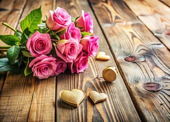 Fototapeta premium Happy Mother's Day Vintage Background: Pink Roses & Wooden Hearts