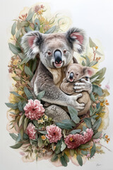 Mommy koala with baby of flowers, in the style of realistic watercolor