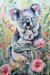 Mommy koala with baby of flowers, in the style of realistic watercolor
