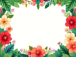 Fototapeta premium Beautiful botanical pattern with delicate leaves and flowers creating a border around a large empty space in the center for text, invitation, foliage
