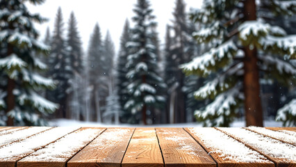 Empty wooden table with white snow background and blurry fir trees