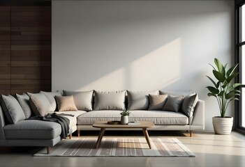 A modern living room with a large gray sofa, wooden coffee table, and potted plant. The room has a minimalist and industrial style with wooden walls and a large window letting in natural light
