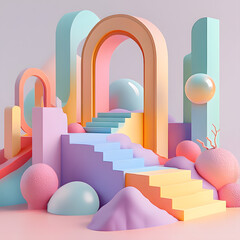 Whimsical architectural landscape virtual space 3d art colorful environment creative viewpoint...