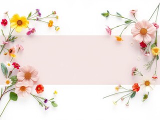 Obraz premium Beautiful floral frame with various vibrant flowers around a blank white space in the middle, perfect for adding text or images, flowers, spring