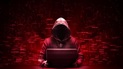 Hacker Computer hoodie Animation data processing cyberattack warning. dark Internet Data theft, internet fraud, darknet. Personal Cyber Security, Ransomware, Email Phishing, Data Breach Attack. 3D 4K - Powered by Adobe