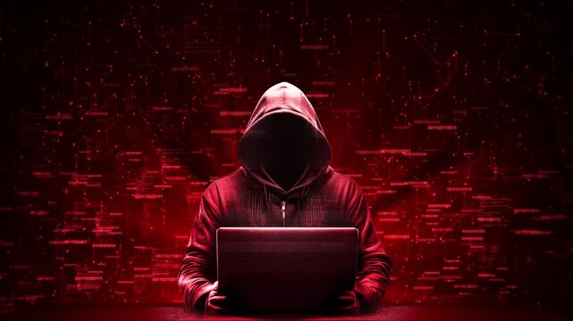 Hacker Computer hoodie Animation data processing cyberattack warning. dark Internet Data theft, internet fraud, darknet. Personal Cyber Security, Ransomware, Email Phishing, Data Breach Attack. 3D 4K - Powered by Adobe