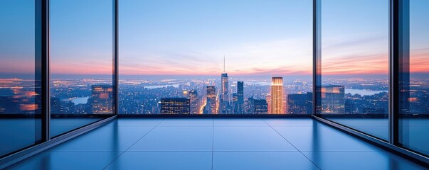Modern office space with panoramic city view at sunset.