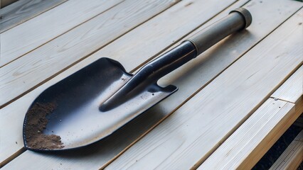 Dirty Shovel on Wooden Surface