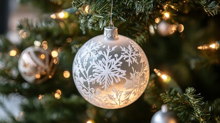 Whimsical holiday display featuring frosted glass ornament on christmas tree cozy home festive decor celebratory atmosphere