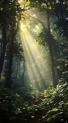 Obraz premium Shimmering golden light illuminating a mystical forest, ethereal atmosphere, artistic interpretation, whimsical world, dreamy visuals