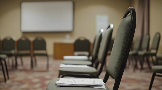 Empty meeting room with scattered budget papers and vacant chairs, symbolizing the aftermath of intense decision-making and strategic planning sessions.