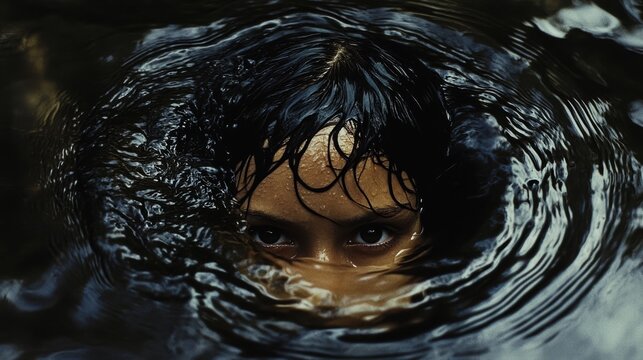 Dark water ripples with a scary girl
