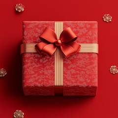 Red-themed background with floating gift boxes and ornaments for chinese new year