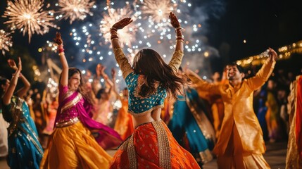 Fototapeta premium Vibrant Dance Celebration During Festive Night with Fireworks