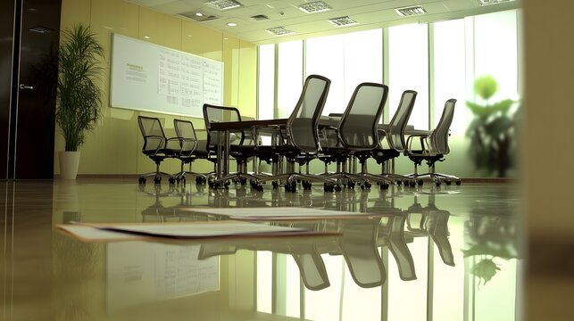 Empty meeting room with scattered budget papers and vacant chairs, symbolizing the aftermath of intense decision-making and strategic planning sessions.