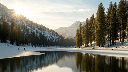 Picturesque Winter Landscape with Snow-Covered Mountains, Pine Trees, and Two People Walking Near a Serene Lake Under a Bright Sunlight Horizon