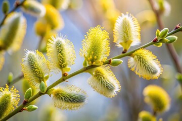 Fototapeta premium Minimalist Blooming Salix Willow Detail Photography: Close-up Spring Branch Texture