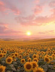 Fototapeta premium Soft pinks and peaches dominate the sky as a beautiful sunset slowly rises above a rolling sunflower field, warm colors, gentle glow, rural scene, natural hues
