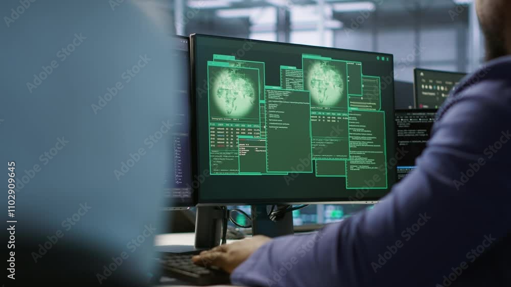 Poster happy data center employee pleased after successfully installing cybersecurity framework, seeing con