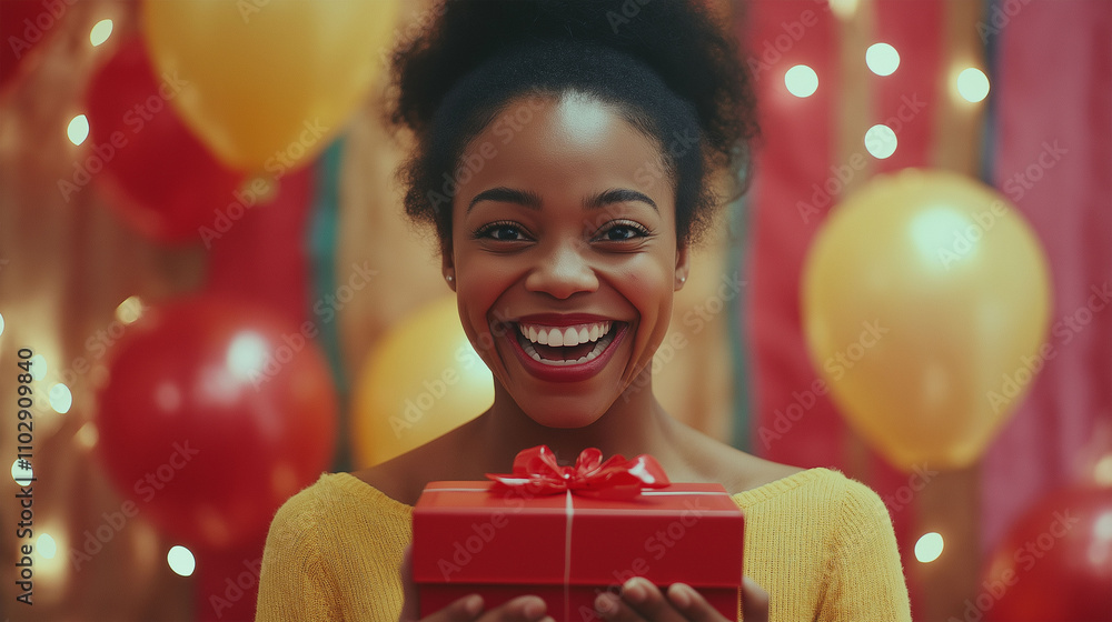 Wall mural Portrait of beautiful african american woman with christmas gift box