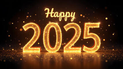 Happy New Year 2025 with golden lights. Concept of celebration, holiday, and party.