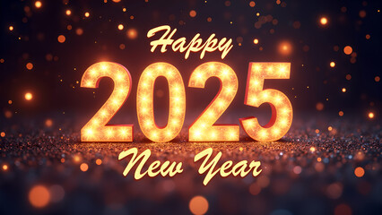 Happy New Year 2025 with glowing lights. Concept of celebration, holiday, and party.