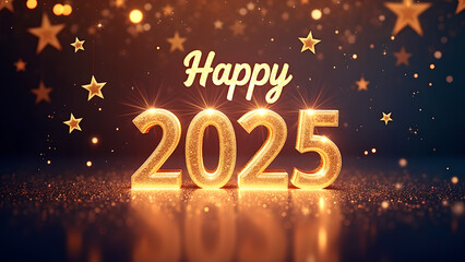 Happy New Year 2025 Gold Glitter Background. Concept of celebration, party, and holiday.