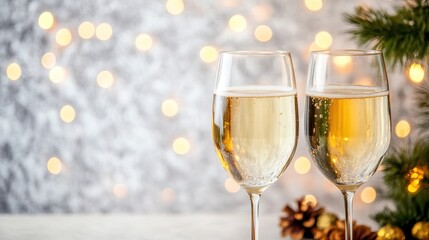 Elegant Champagne Glasses Toasting in Front of Glimmering Holiday Lights with Pine Cones and Greenery Creating a Festive Atmosphere for Celebrations and Gatherings