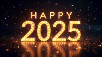 Happy 2025 New Year Celebration. Festive golden lights design. Concept of celebration, party, and holiday.